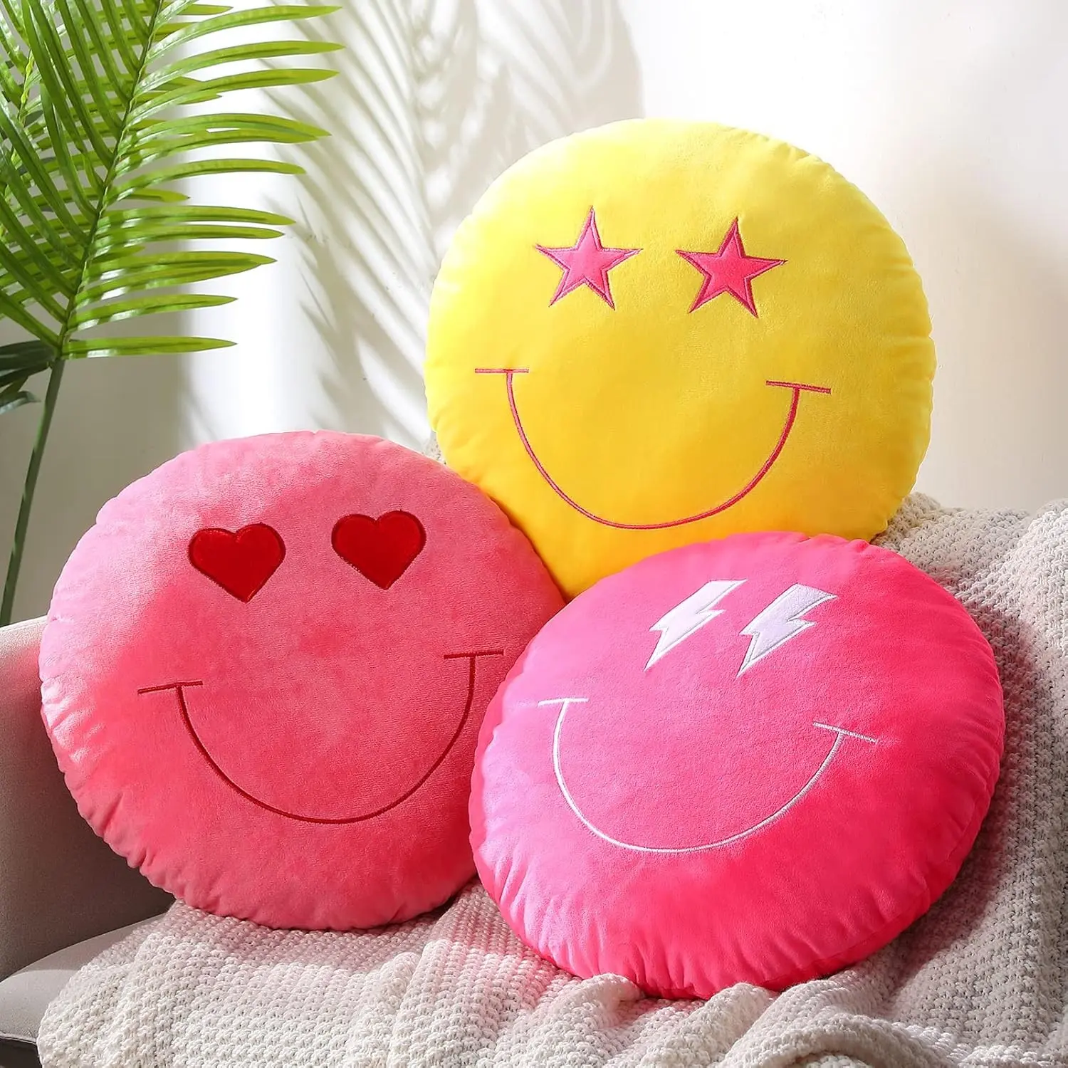 3 Pcs 16 Inch Face Emoticon Stuffed Plush Pillow 3D Round Throw Pillow with Embroidery Pattern Cute Decorative Cushion for Car Bed Couch Sofa Office Home
