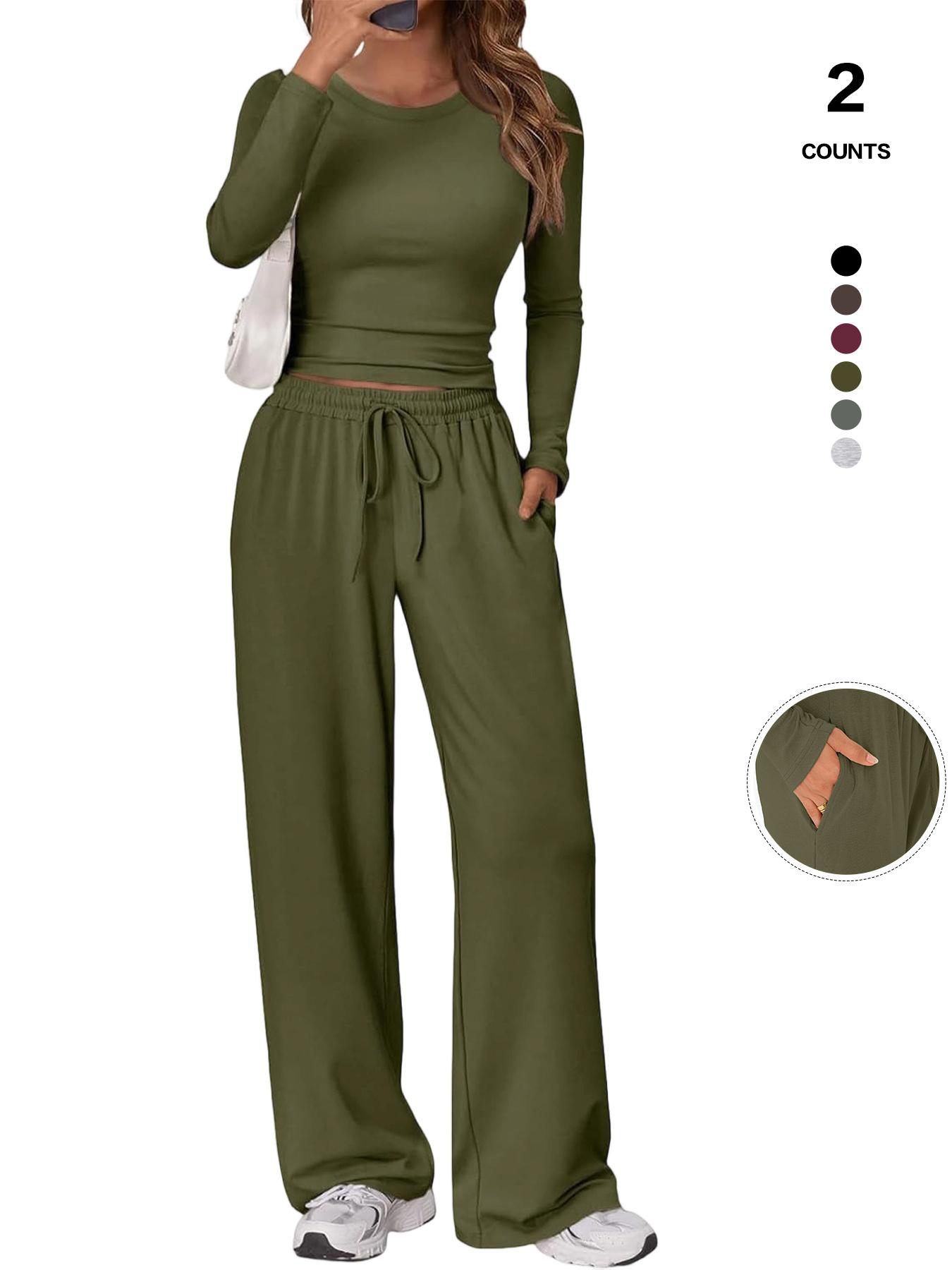 2026 Women's 2 Piece Matching Loungewear Set, Long Sleeve Slightly Crop Top & Wide Leg Drawstring Pants, Casual Sweatsuit for Comfortable Wear