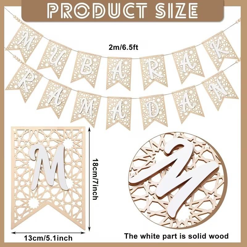 Eid Mubarak Wooden Banner Set, Festive Decoration with Bead Embellishments, Indoor & Outdoor Muslim Party Decor, Home Fireplace Display, Outdoor Banners