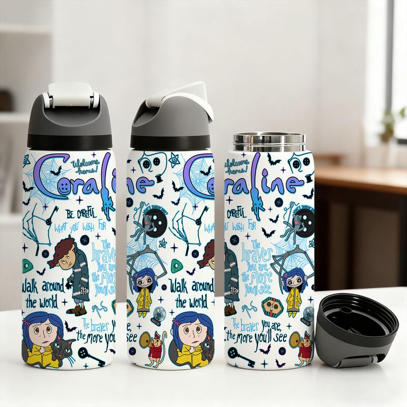 1 Pc 19/24/32oz double wall stainless steel thermal mug, vacuum insulated skinny tumbler, leak-proof lid, keeps drinks hot 12 h/cold 24 h, coraline doodle print, reusable for hot cold drinks, gift for holiday Christmas, Insulated Cups, Drinkware