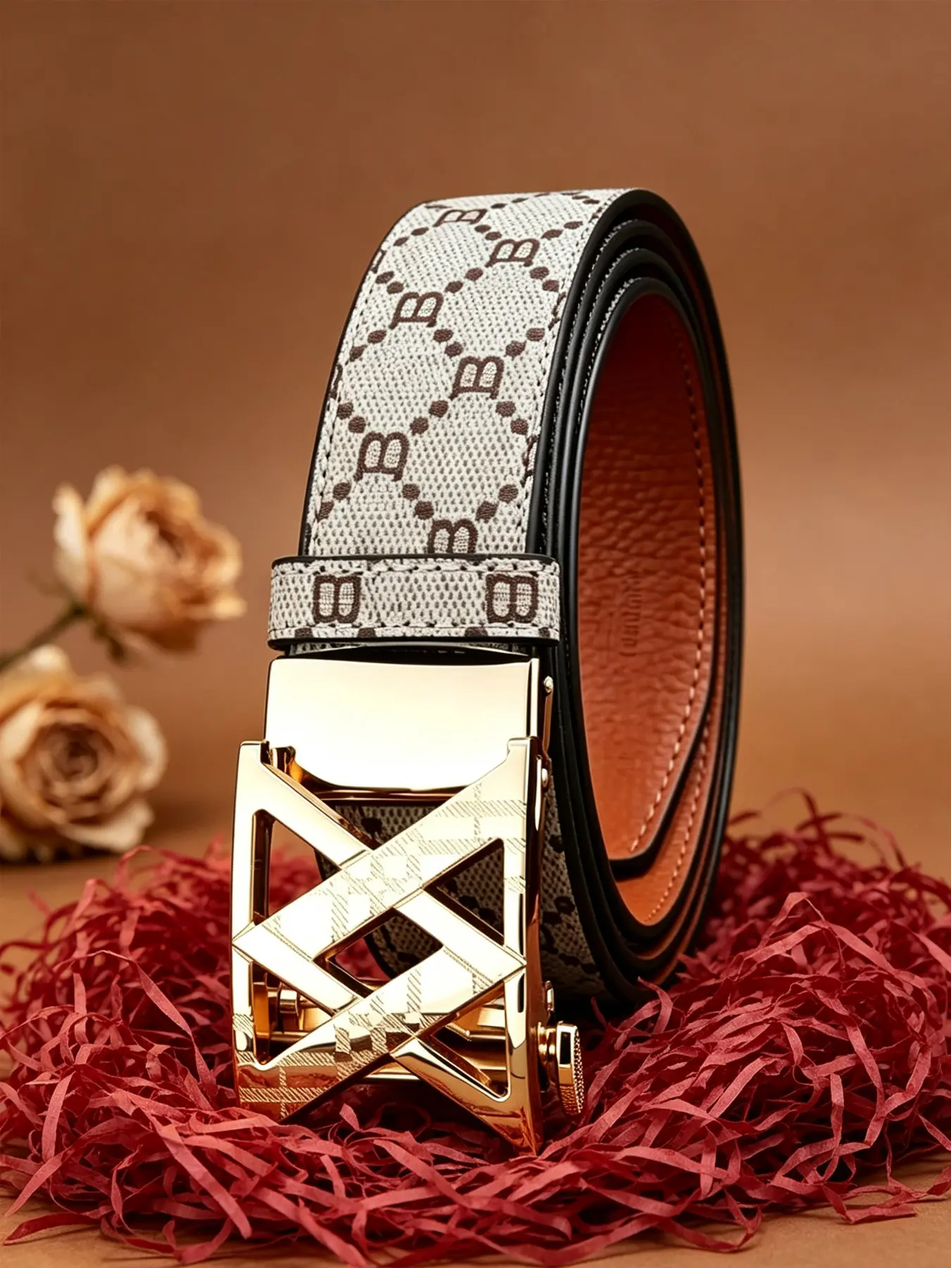 Men's creative letter design automatic buckle belt, fashionable letter printed waist belt, multifunctional daily wear, sturdy and adjustable comfort, suitable for casual and business wear.