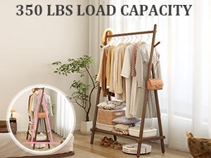 Solid Wood Clothes Rack, Clothing Rack with Shelf and Hook, Sturdy and Portable, Garment Rack for Hanging Clothes,Coats,Skirts,Shoes,Bags,Easy to Assemble (Walnut)