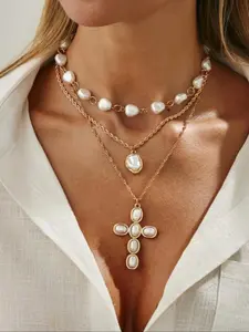 Women's Vintage Pearl Multi-Layer Cross Pendant Necklace Set, Metal Clavicle Chain Jewelry, Unique Design, Perfect Gift, Fashion Accessory