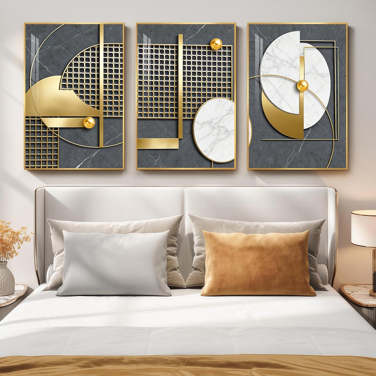 3 Counts Aluminum Alloy Framed Painting, Geometric Gold And Marble Abstract Art, Home Decoration For Living Room, Bedroom, Office, Restaurant, Hallway Wall Decor, Odorless Print Artwork, Luxury Perfect Gift For Friends And Family