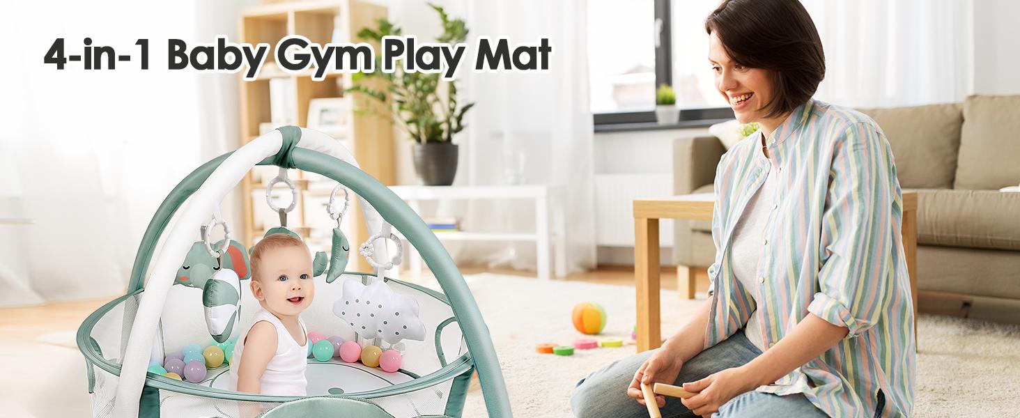 4-in-1 Baby Play Mat Baby Gym,Tummy Time Mat for Floor Activity Gym Ball Pit Including 30 Balls with 5 Infant Learning Sensory Baby Toys for Newborn Toddler Boy & Girl Gifts(Elephant)