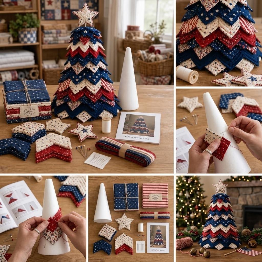 Americana Christmas Tree Quilt Kit,Christmas Patchwork Fabric DIY Kit (1PC) | Red,White,and Blue Stars & Stripes Patchwork Craft Kit for Adult Beginner,Gifts for Quilting Lover