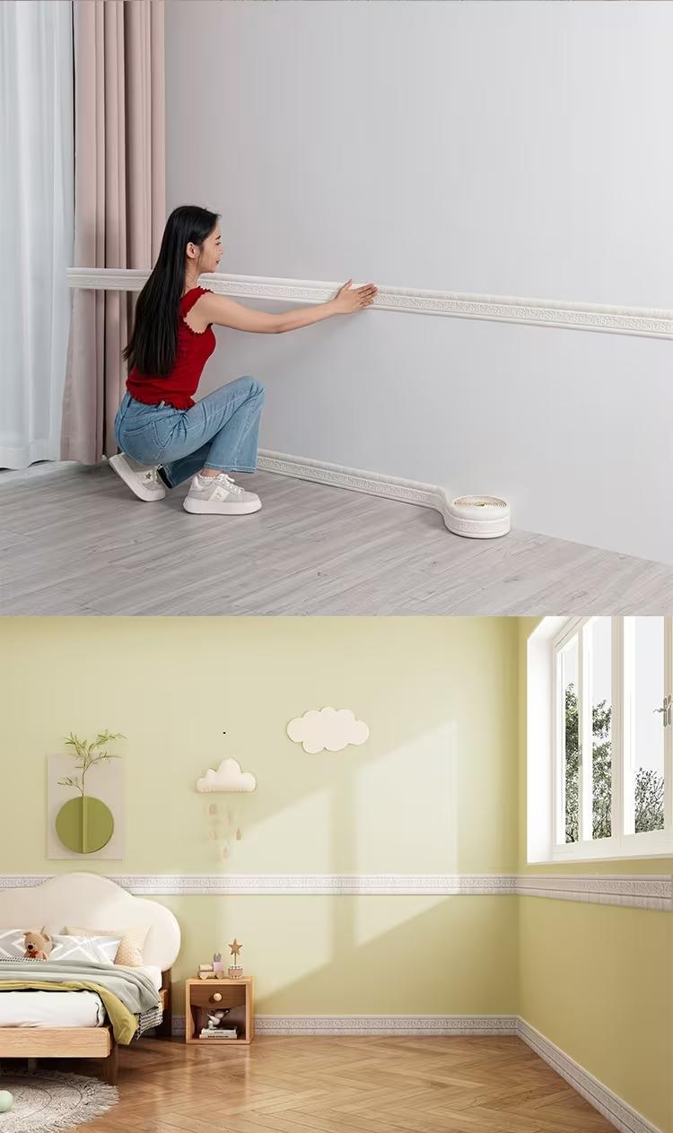 362.2 Inch (90.55 Inch X 4 Rolls) 3D Self-Adhesive Waterproof Wall Stickers - Foldable, Multiple Colors Availabel and Stick, Foam Decorative Strips, Wallpaper Borders, Foam Baseboards, Wall Stickers, Suitable for Home Decoration