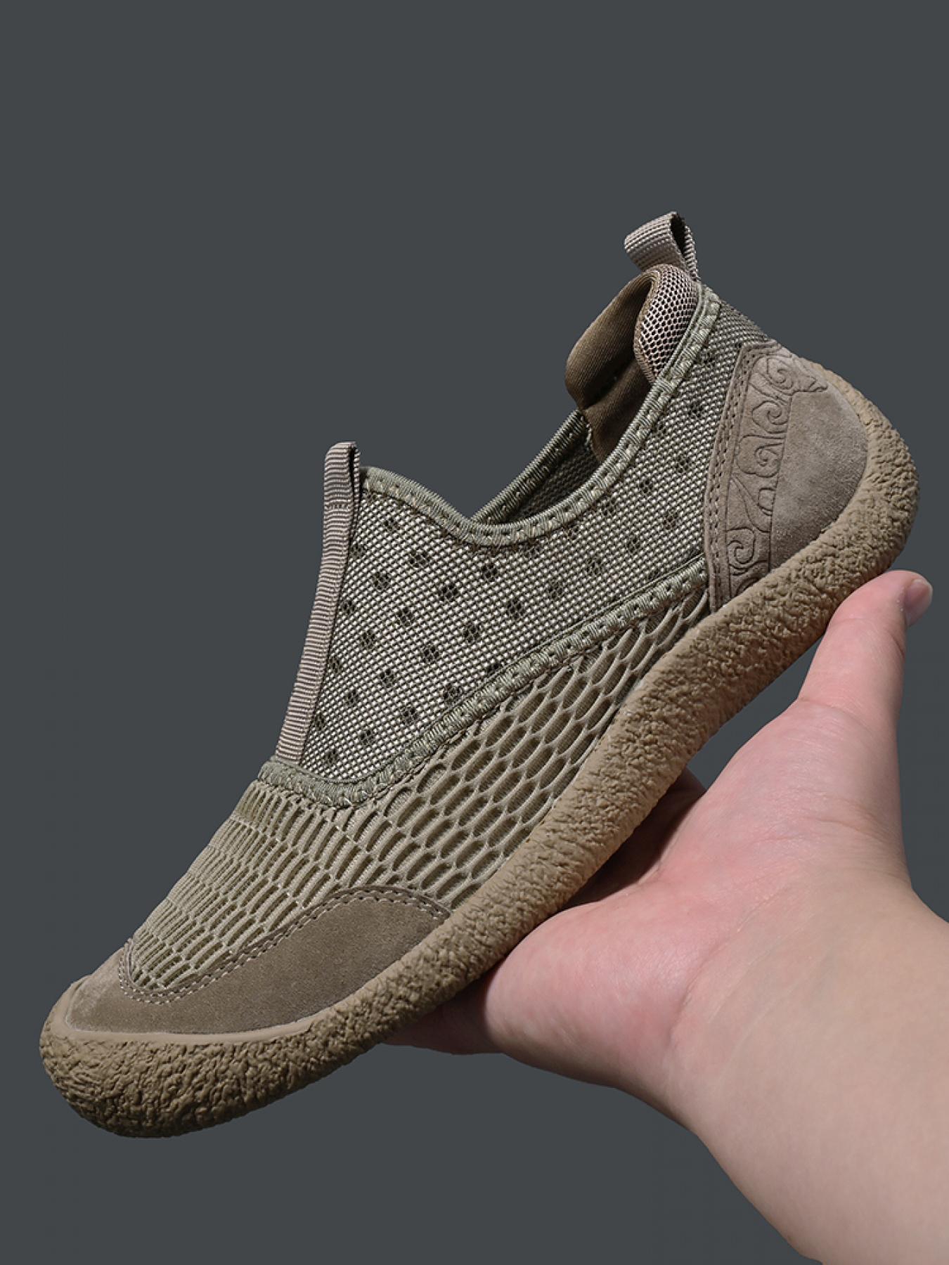 Men's Solid Color Mesh Breathable Slip-On Loafers, Soft Sole Anti-Slip Hand-Stitched Walking Shoes, Lightweight Casual Dad Shoes