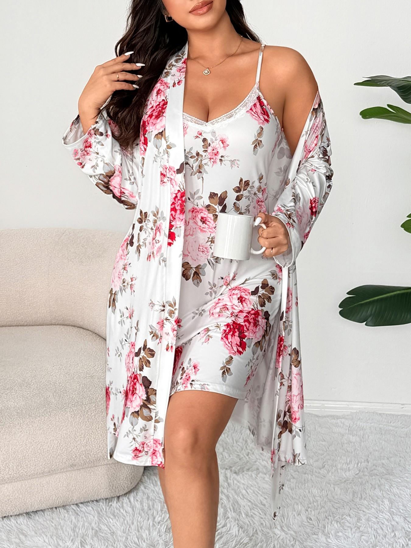 【Plus Size】 Floral Print Lace Trim Cami Nightdress & Open Front Long Sleeve Robe Two-piece Set, Casual Comfy Pyjama Set for Women, Women's Sleepwear for Spring & Fall
