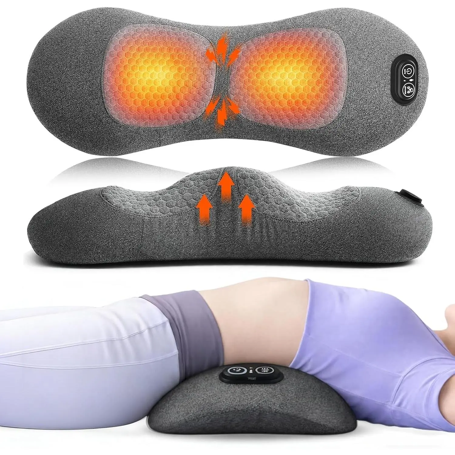 3 in 1 Electric Lumbar Support Pillow Adjustable Height for Bed & Chair, Heated Back Massager for Pain Relief Deep Tissue, Lumbar Pillow with Heat Vibration Traction