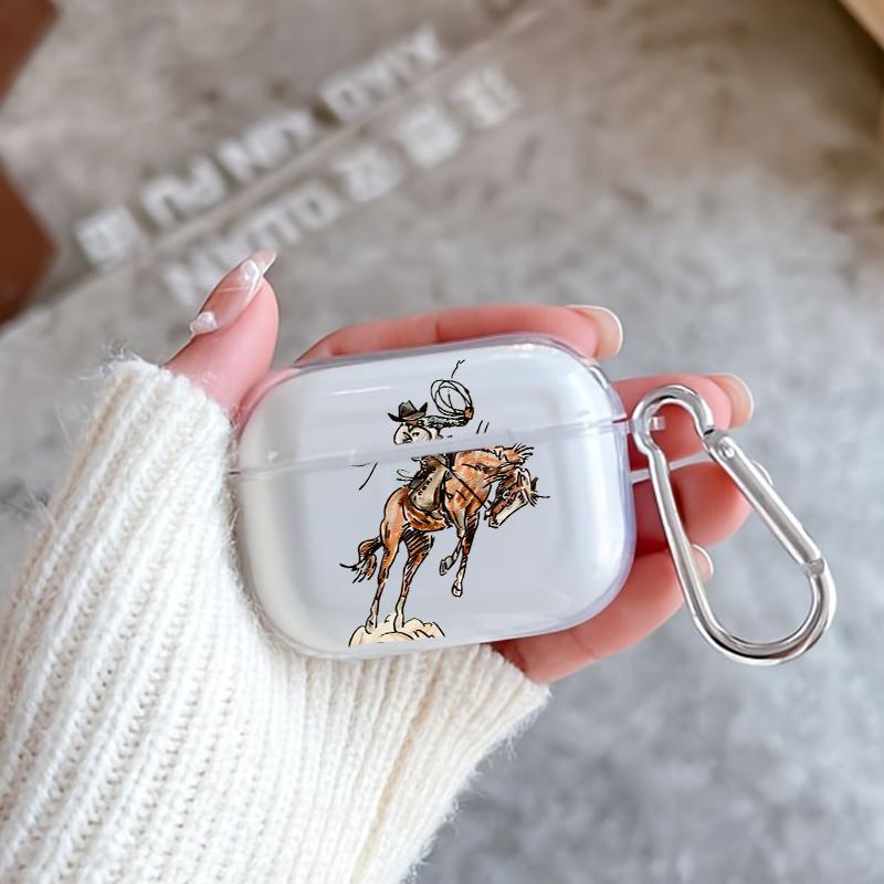 Cowboy's Wild Ride Pattern TPU Soft Protective Case for Apple AirPods 4/3/2/1/Pro/Pro2 Transparent Earphone Cover with Keychain Attachment