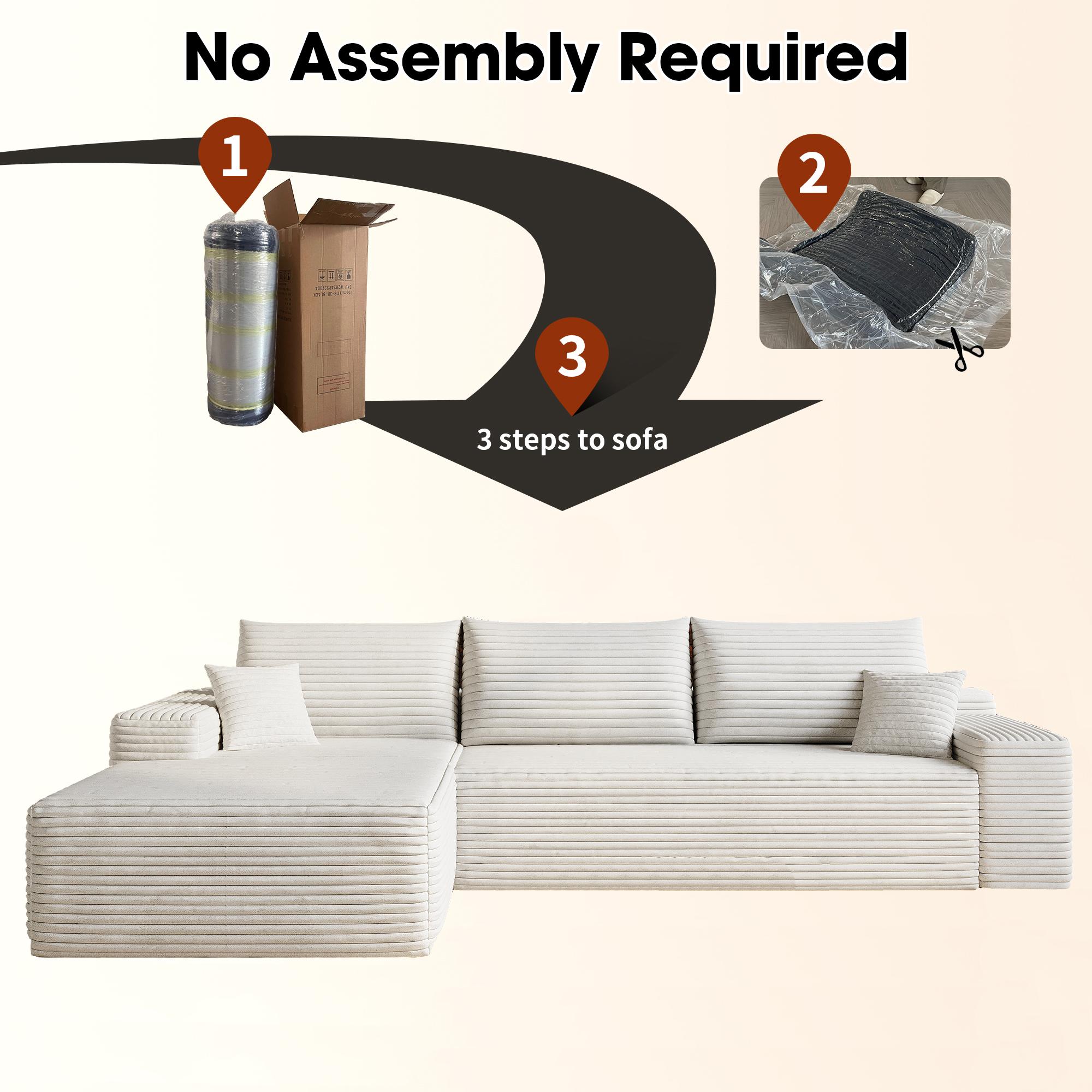 107" Cloud Sectional Couch with L-Shape Chaise,Modern Modular Sofa with Deep Seat, Upholstered Couches for Living Room Bedroom,No Assembly Required, (Plush Corduroy Fabric),White