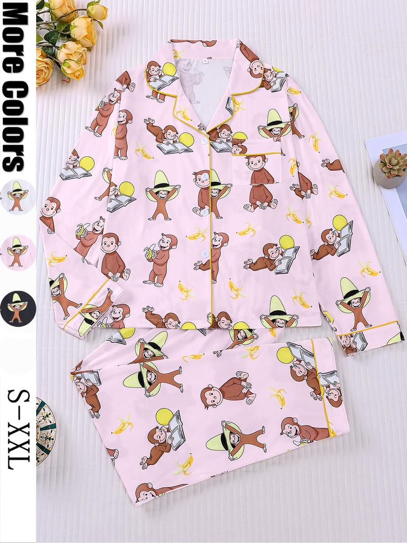 Women's Monkey Banana Print Pajama Set, Comfortable Long Sleeve Button Shirt & Elastic Pants, Casual Home Wear Loungewear for All Seasons