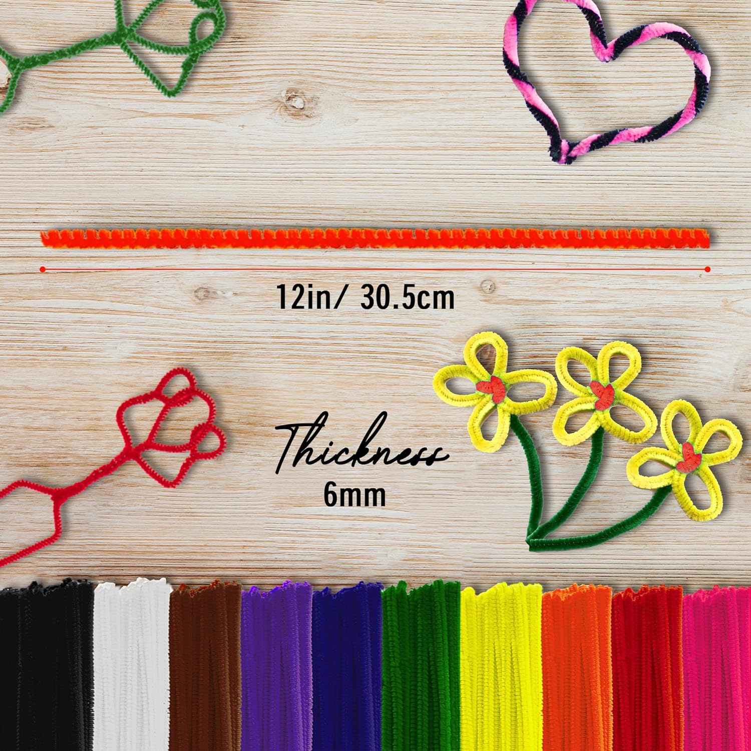 Pipe Cleaners Craft - 1000 count Multi-Colored Chenille Stems, 6mm x 12 Inch Fuzzy Sticks, 10  Colors for DIY Arts and Craft Projects and Decorations