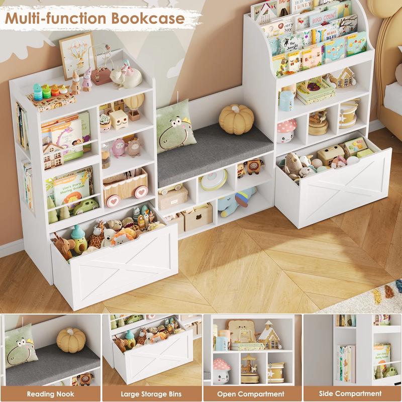 FOTOSOK Kids Bookshelf with Reading Nook, 75" W Kids Toy Storage Organizer with 2 Large Movable Drawers, Kid Bench for Playroom Kids Room Living Room FOTOSOK Kids Bookshelf with Reading Nook, 75" W Kids Toy Storage Organizer with 2 Large Movable Drawers, Kid Bench for Playroom Kids Room Living Room