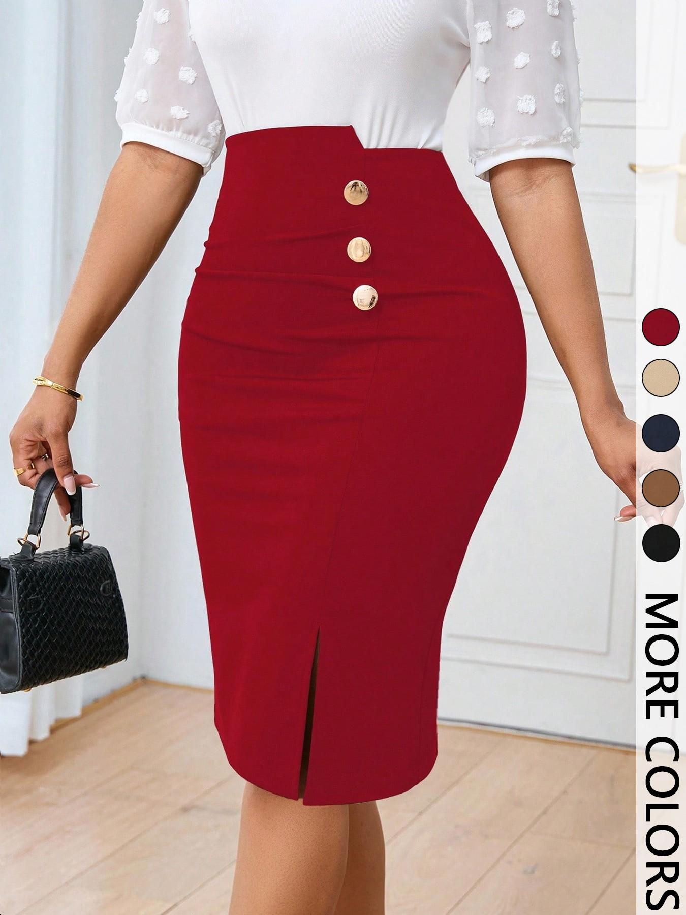 Women's Commuting Minimalist Solid Color A-line Skirt Button Front Pencil Skirt, Asymmetrical Button Suitable for All-season Fashion Skirt