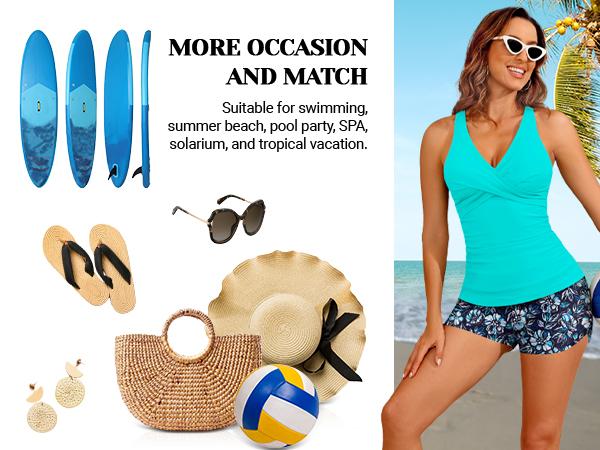 Tempt Me Women Black Tankini Swimsuits with Shorts - Two Piece Tummy Control Bathing Suits Top with Two Pockets Bottom Swimwear