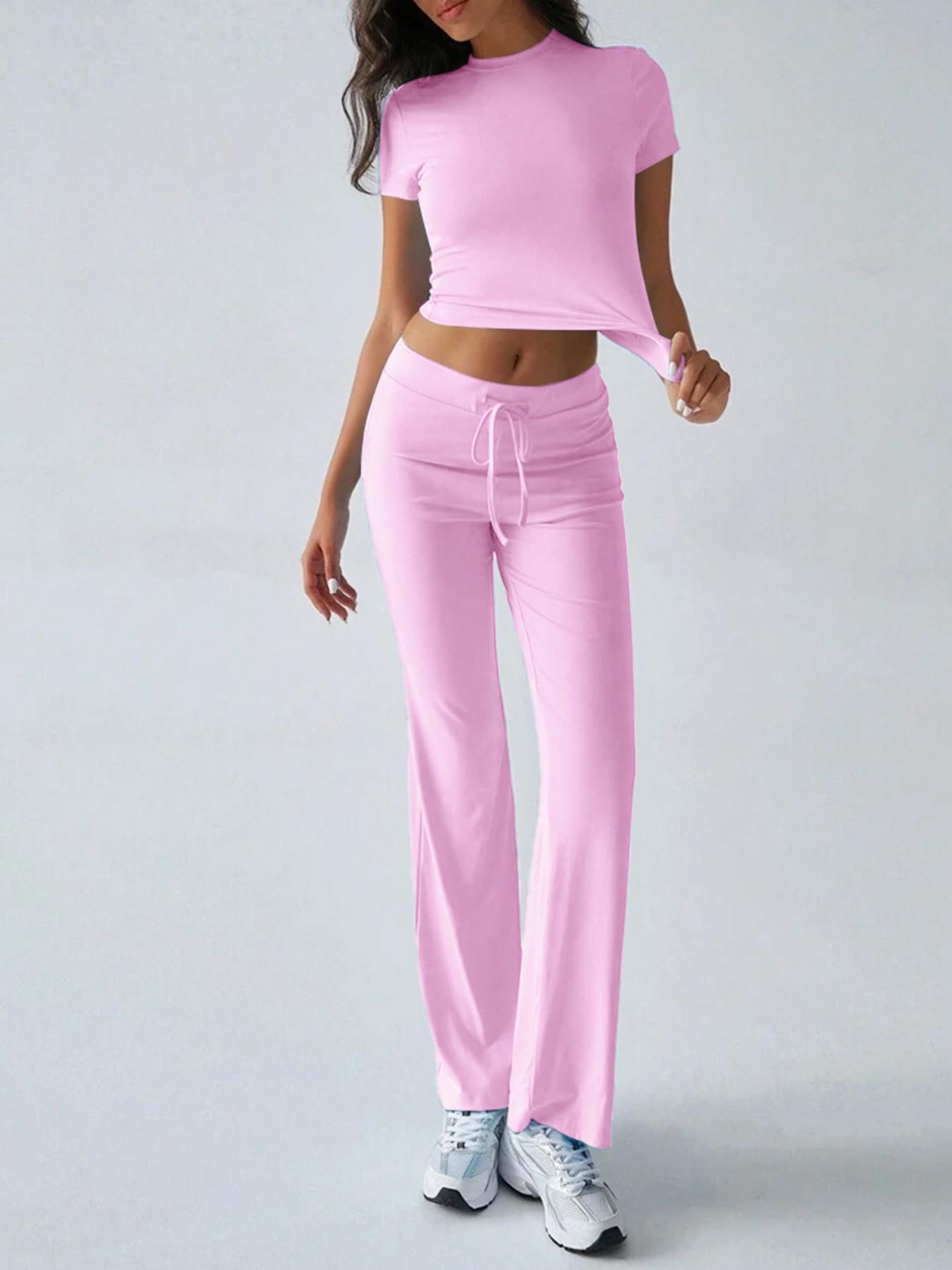LovelyWholesale - US Women's Fashion Casual Solid Color Round Neck Short Sleeve T-Shirt Top and Drawstring Pants Two-Piece Set, Spring and Summer Clothing
