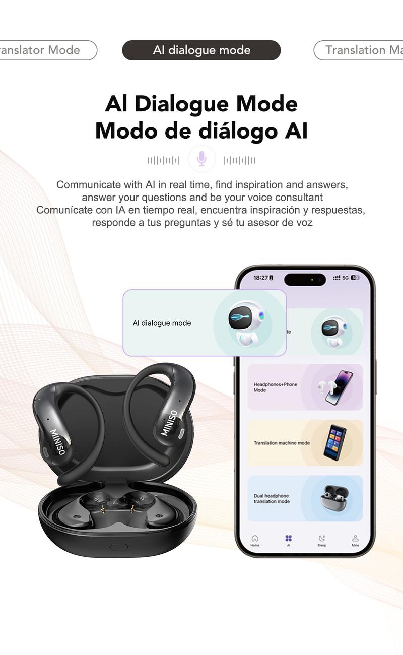 MINISO MS188 AI Earphones Wireless 134 Languages AI Translation Bluetooth Smart Earbuds with LCD Screen Charging Case APP Chargeable Black