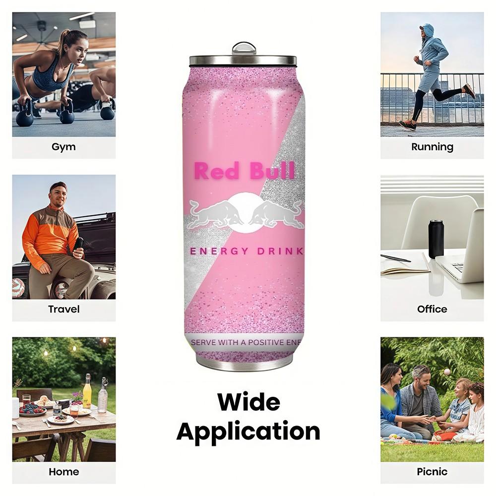 1pc 17oz Red Bull Pink Glitter Vacuum Insulated Mug, Portable Stainless Steel Cup with Lid, Ideal Sports & Coffee Mug for Family Friends, Great for Camping, Outdoor & Holiday Gifts