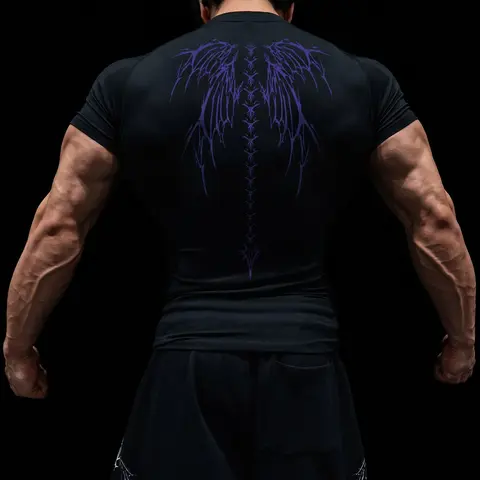 Men's Skeleton Wing Print Compression Shirt, Gym Workout Fitness Running Sporty Tee, Summer Quick Drying Breathable Athletic T-shirt, Stylish Gymwear, Short Sleeve Rash Guard, Athletic Apparel