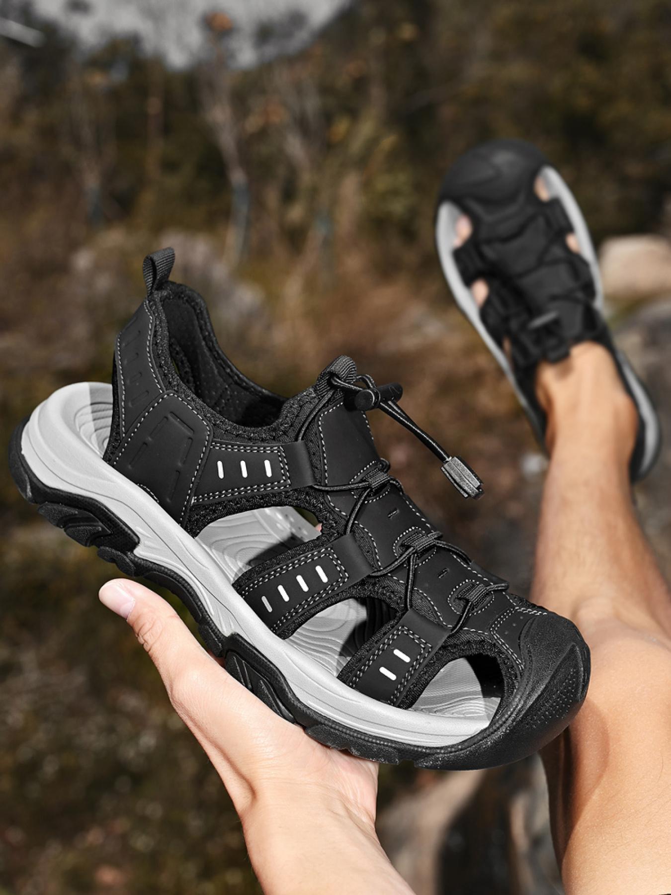 Men's Black and White Drawstring Closed-Toe Outdoor Sandals Thick-Soled Non-Slip Hollow-Out Water Shoes Breathable Durable Beach Hiking Shoes