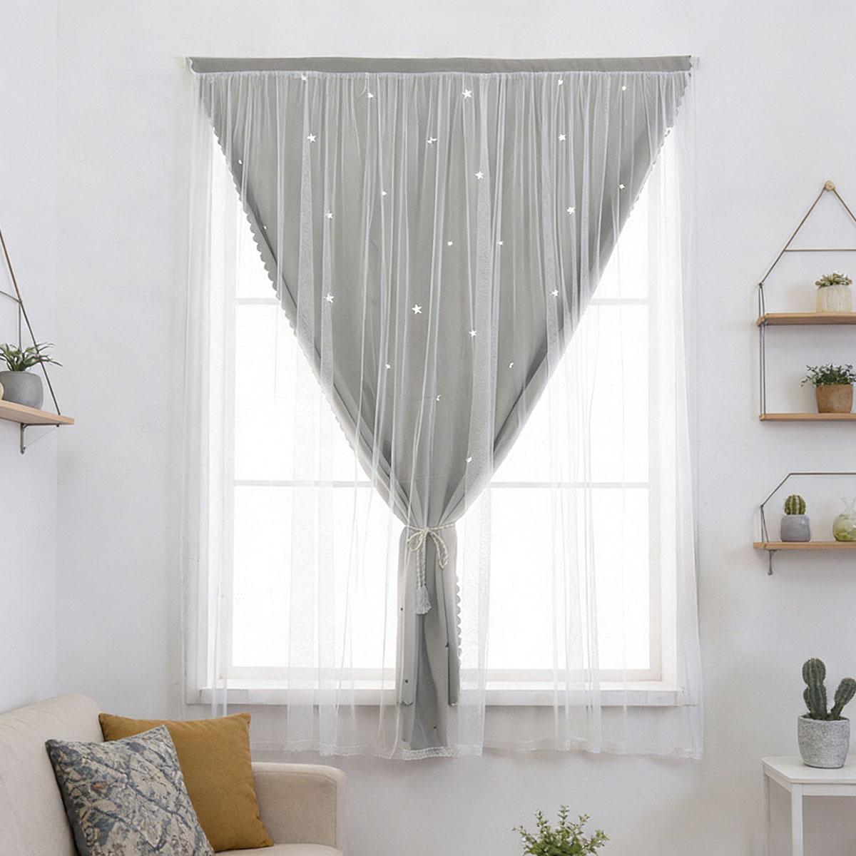 Starry Two-Layer Curtains, No-Drill Bedroom Girl Style Light Blocking Drapes, Balcony Window Windproof Sheer Curtain with Magic Tape