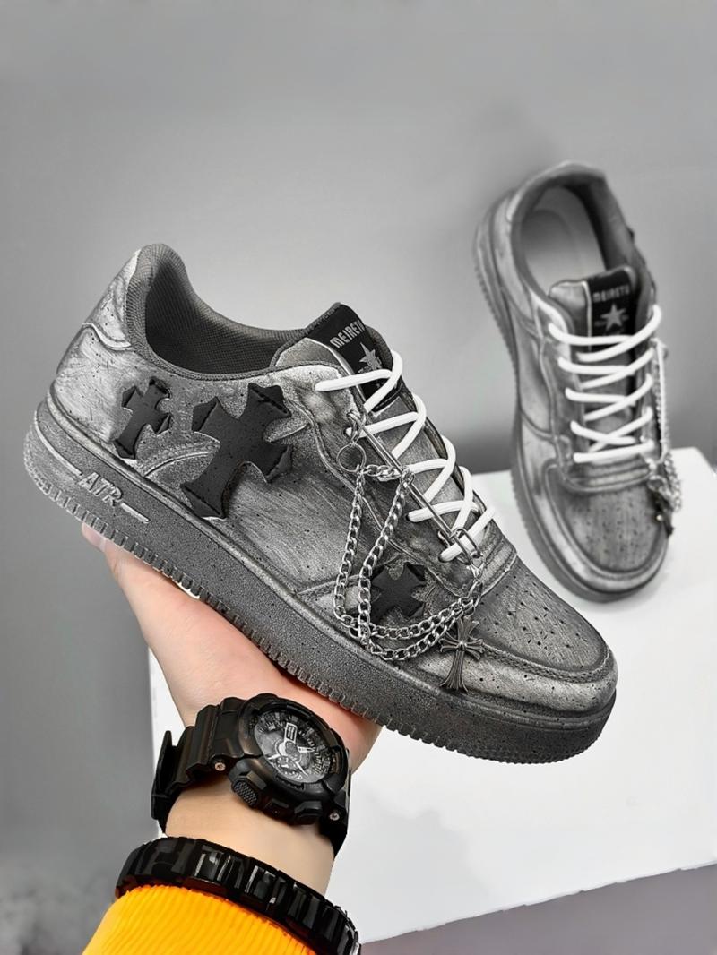 Men's Vintage Metal Chain Cross Sneakers,Size Up by One Size Recommended， Trendy Comfortable Versatile Dark Style, Perfect for Daily and Fashion Scenes