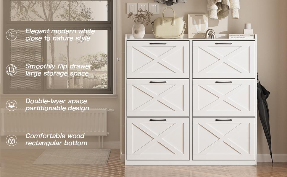 Vabches Large Shoe Storage Cabinet with 6 Flip Drawers, Freestanding Shoe Organizer with Metal Handles for Entryway, Narrow Shoe Rack Cabinet Beige