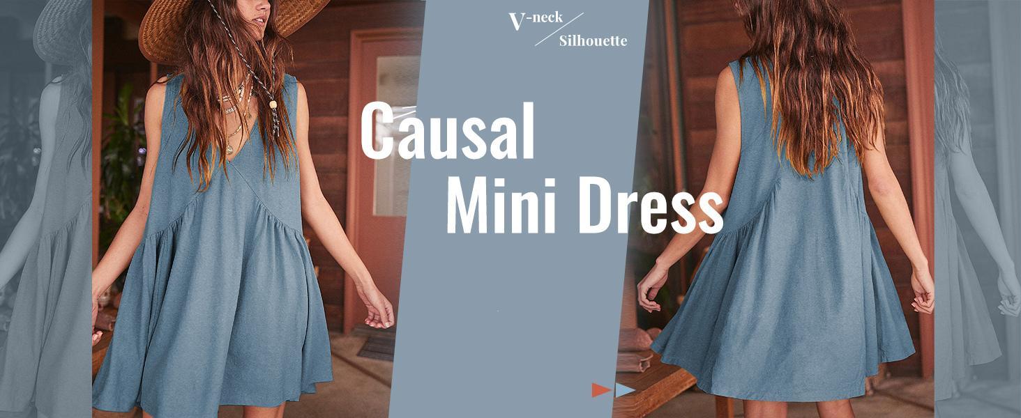 JovenPara Women's Sleeveless Mini Dress V-neck Casual Loose Fit with Side Pockets Comfortable Stretchy Material for Day Out or Night Event Flattering Minimalist Style