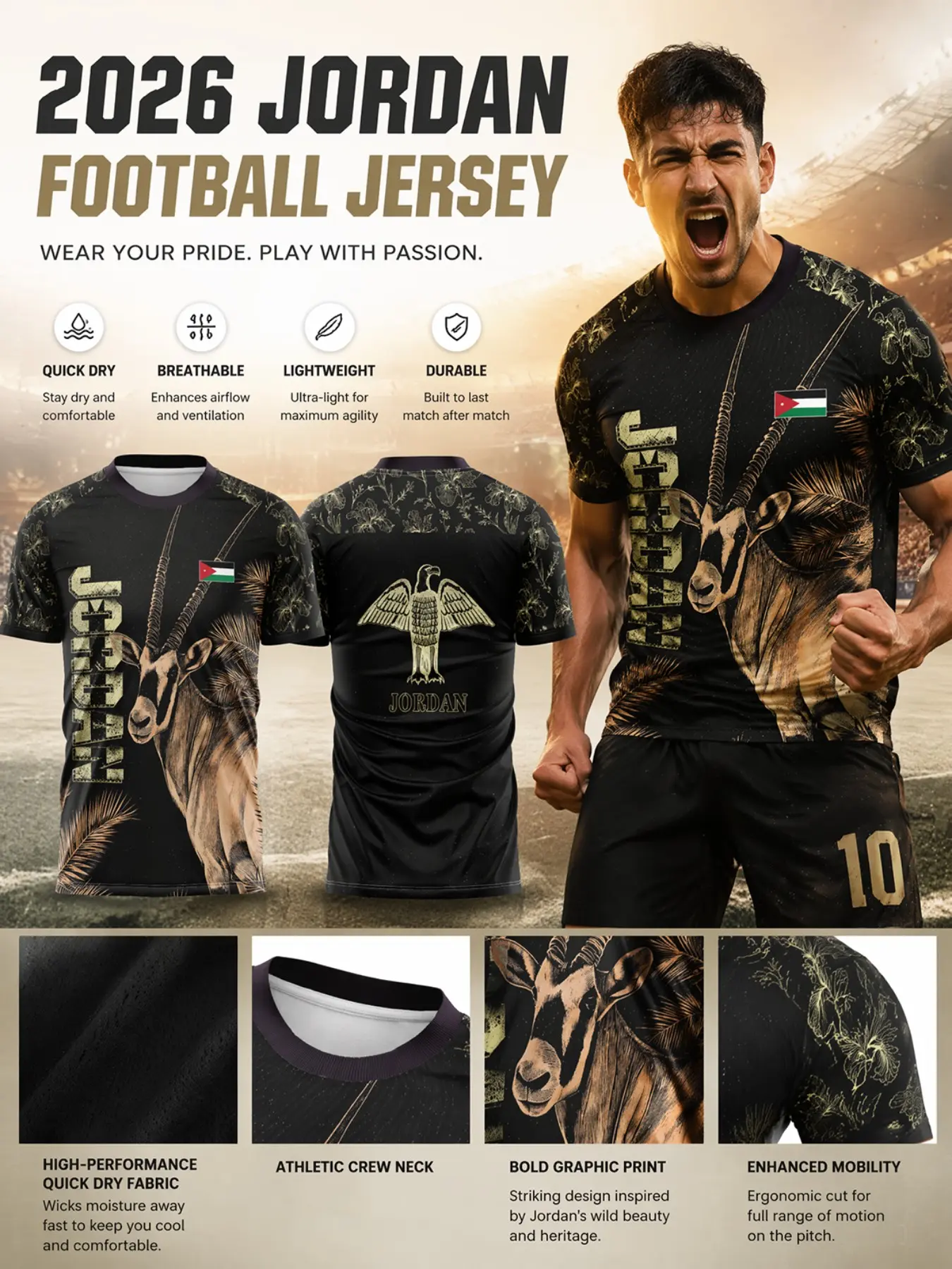 2026 Jordan Football Jersey, Gold Unisex Adult Soccer Shirt, Quick-Dry Breathable Sporty Style, Patriotic Gift for Fans