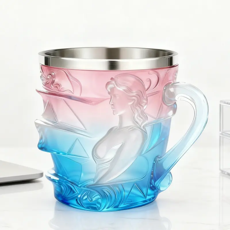 Halloween Gift Iridescent Rainbow Sculpted Mug, Gradient Holographic Translucent Goblet Cup, Embossed Goddess Figure Decorative Cup with Stainless Steel Inner Liner, Colorful Iridescent Ornament Drinkware for Halloween Home Bar Display