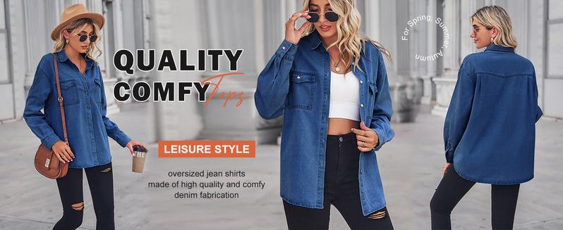 Chouyatou Women's Spring Long Sleeve Denim Jean Shirts Button Down Shirt Business Casual Tops