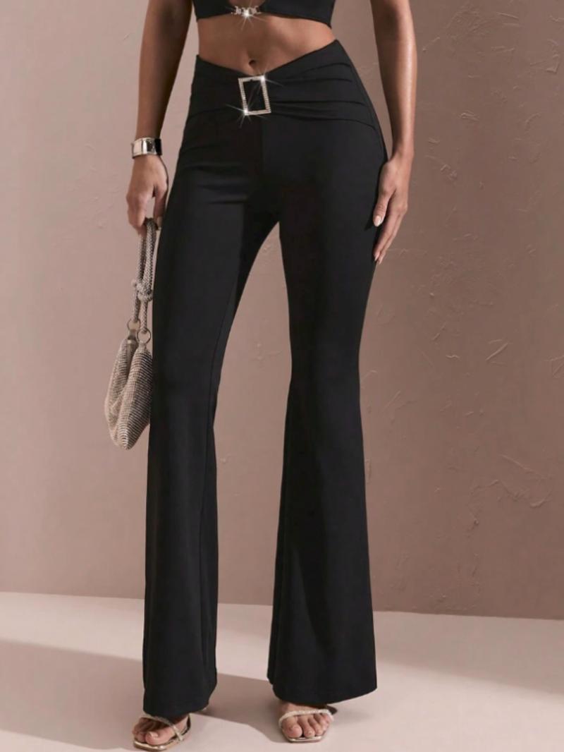Women's Plus Size Solid Color Pleated Slim Fit Casual Pants with Square Diamond Decoration, Elegant Bell Bottoms for Daily Wear