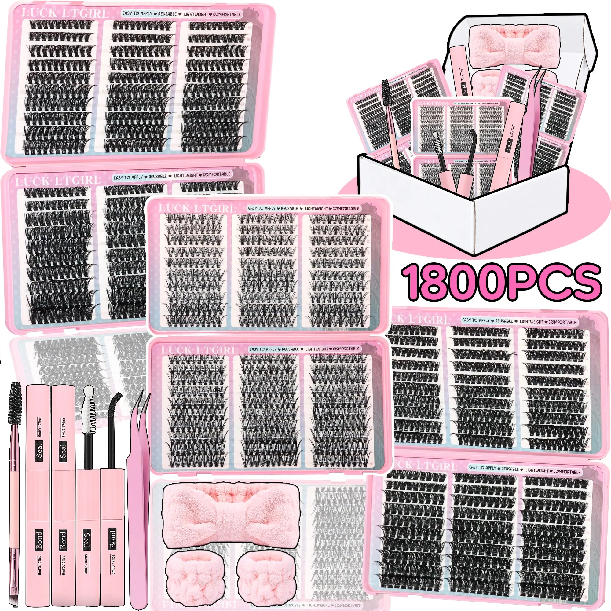 LUCK LTGIRL 1800PCS Lash Clusters Kit, 6 Styles 30D 40D 50D 60D 80D 100D DIY Eyelash Extensions, Wispy Volume False Lashes with Bond and Seal, Tweezers, Lash Brush, Headband and Wristbands, Beginner Friendly Makeup Set for Daily Wear, Christmas Gifts!