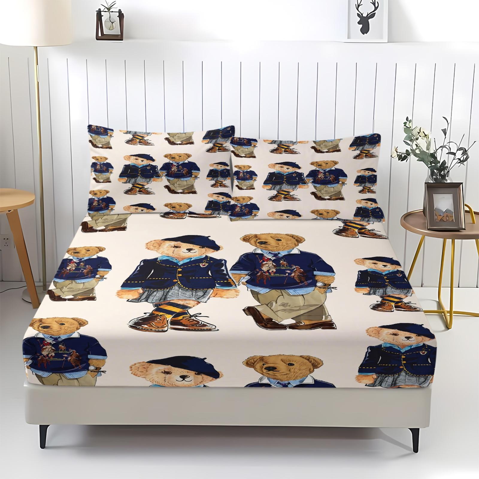 Teddy Bear Pattern Bed Sheet, Comfortable Printed Pattern, Includes 1 Bed Sheet and 2 Pillowcases, Comfortable Bedding, Non slip Dust Cover Suitable for Bedroom and Guest Room, Suitable as a Gift for Children or Adults, Bed Sheets Set