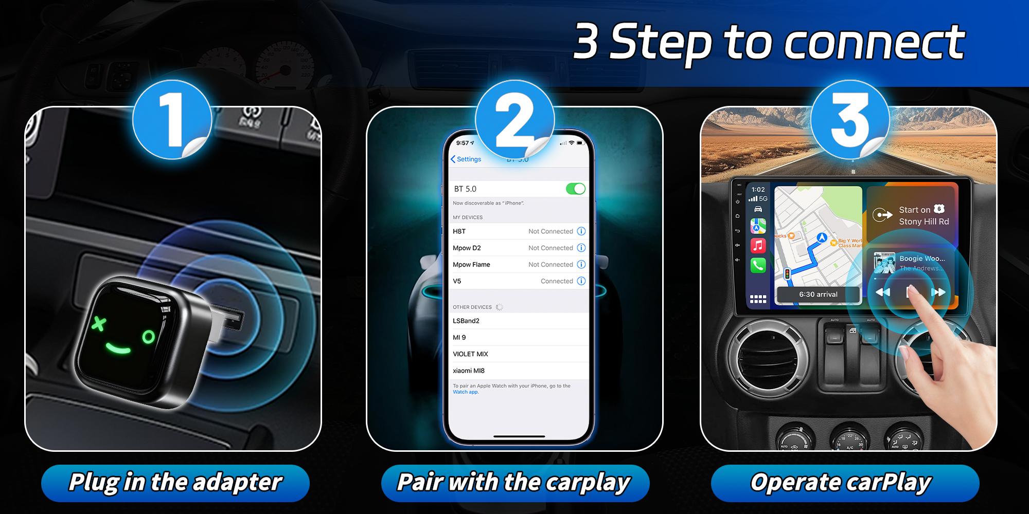 Wireless Carplay Adapter, Android Auto Wireless Adapter, Mini USB-C Adapter, Compatible with iPhone and Android, Hands-Free Calling/navigation, Carplay Dongle Connectivity