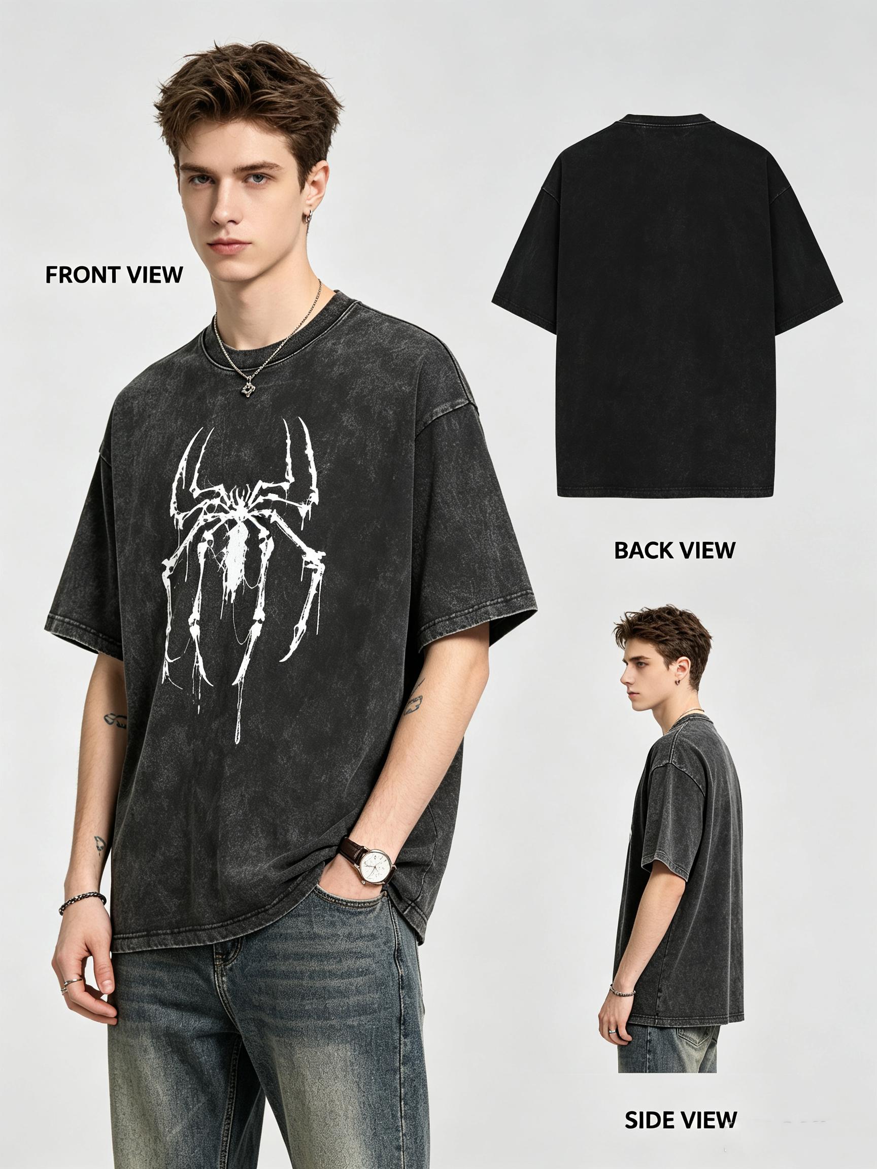 Unisex Acid Wash Spider Graphic Tee Heavyweight Cotton Oversized Boxy Fit Shirt Dark Streetwear Goth Vintage Tops Y2K Streetwear Tee