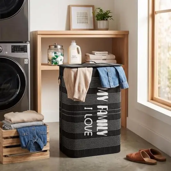 GARVEE Laundry Hamper with Lid 22 Gallon (100 l) Foldable Laundry Basket with Reinforced Handles, Unique Modern Design Fabric Edging for Bedroom, Bathroom, Laundry Room. Black - Cuboid