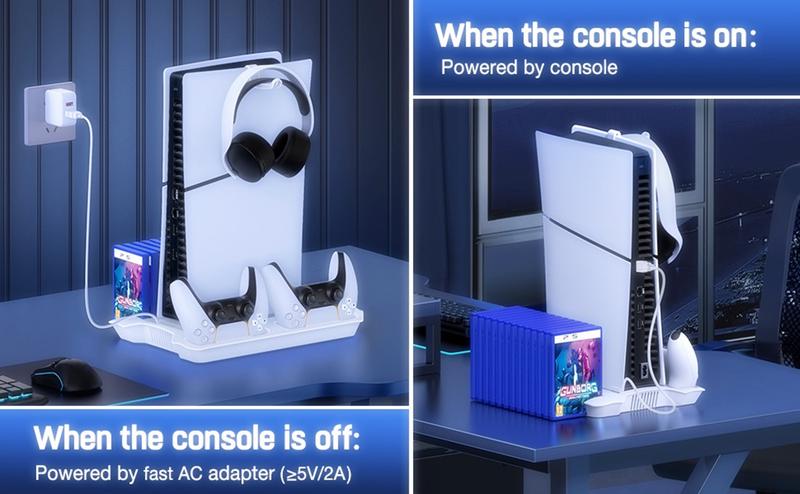 PS5 Stand for PS5 Slim Disc Digital, PS5 Cooling Station and Controller Charging Station for Playstation 5 Accessories with 3 Levels Cooling Fan, 3 USB Hub, Headset Holder, 13 Game Slots, Media Slot