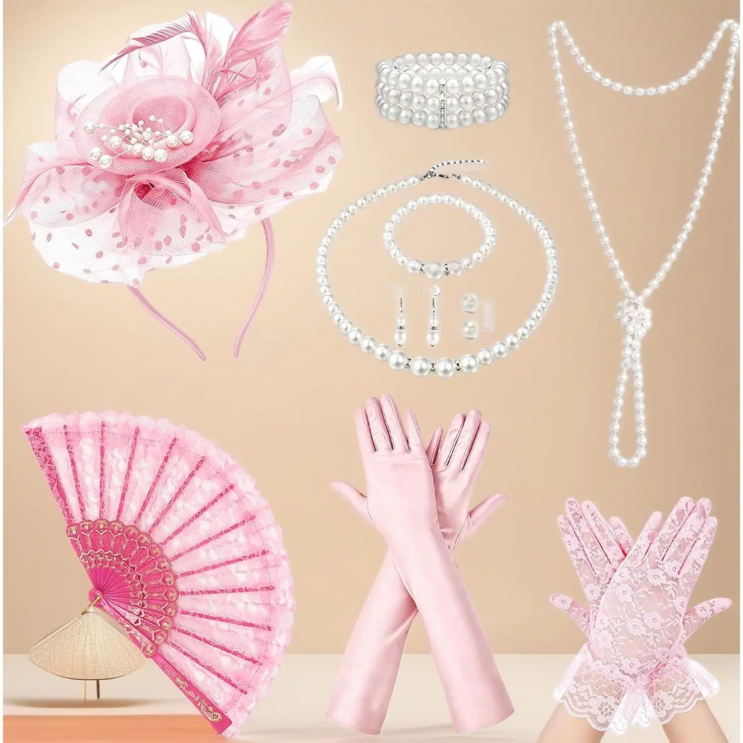 Tea Party Accessories Set for Women – Fascinator Hat, Lace Gloves, Fan & Pearl Jewelry, Perfect for Halloween Cosplay, Bridal Showers & Vintage Tea Parties