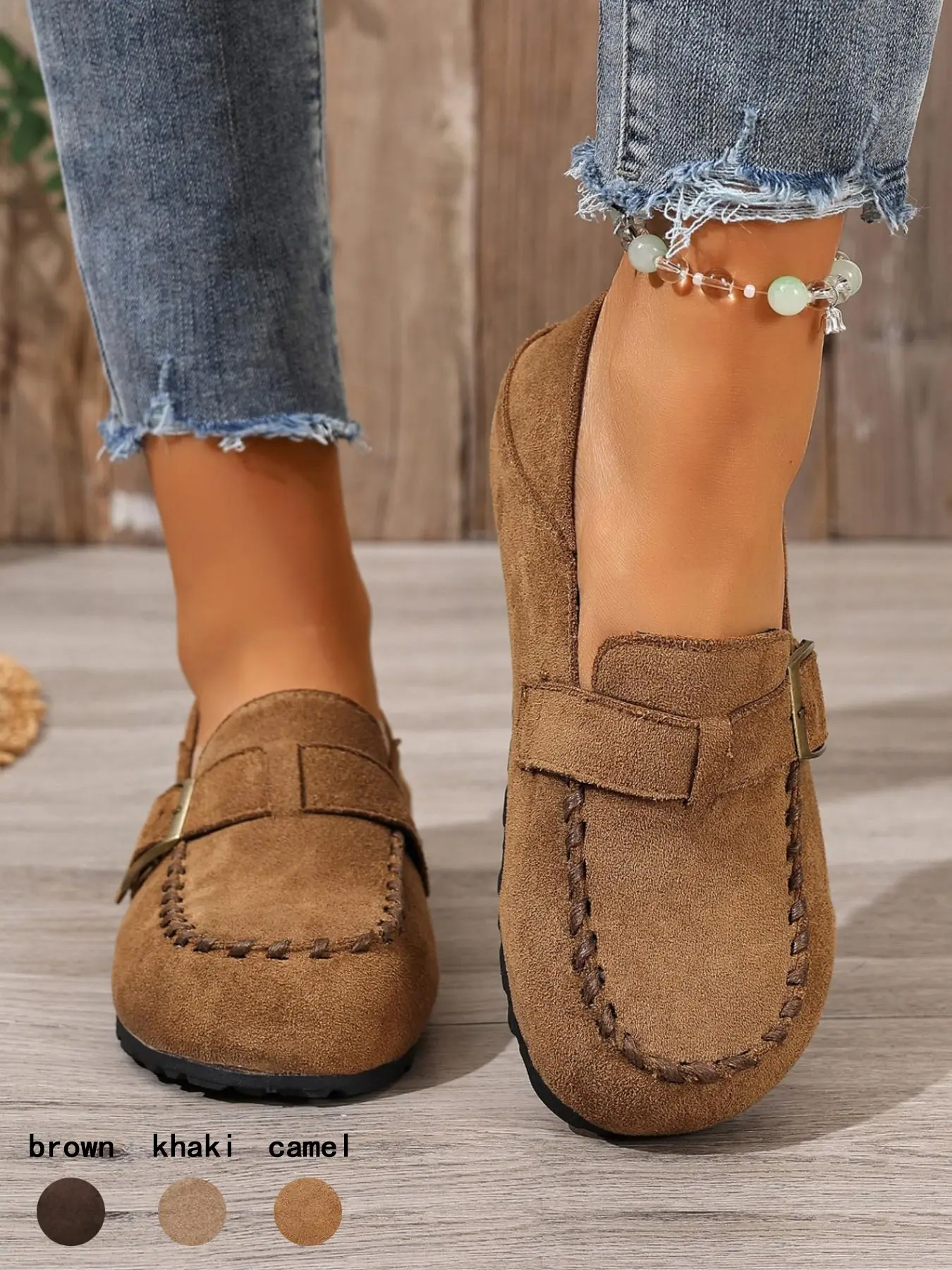 Maillard earth tone faux suede loafers, square metal buckle decor, hand stitched edged soft Rubber sole shoes, lightweight anti slip, versatile slip on women flats for daily walking commute