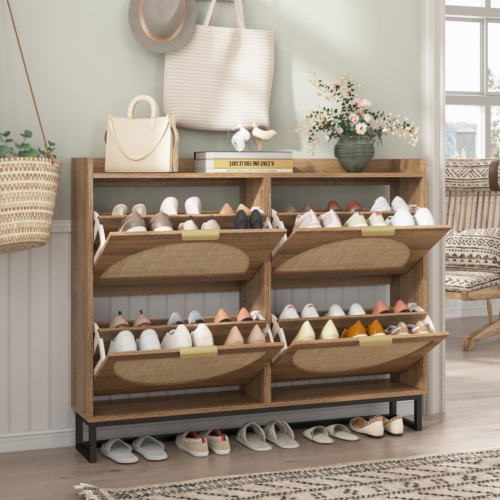 Vabches  Rattan Shoe Storage Cabinet with Display Riser, Narrow Freestanding Shoe Organizer with Metal Legs, Entryway Rustic Oak Shoe Rack Cabinet