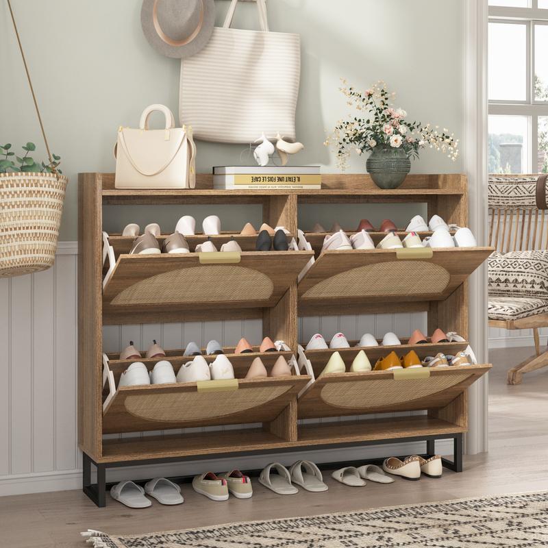 Vabches Rattan Shoe Storage Cabinet, Freestanding Shoe Organizer with Metal Legs for Entryway, Narrow Shoe Rack Cabinet, Rustic Oak Rattan