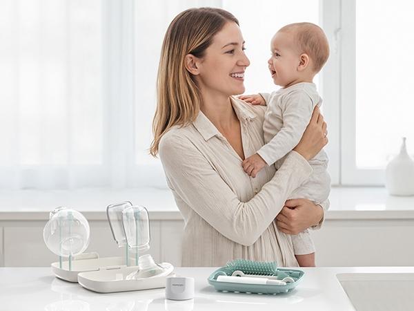 Momcozy Baby Bottle Brush Set, Bottlewasher, Includes Silicone Brushes, Nipple Cleaner, Straw Brush, Soap Dispenser, Drying Rack, Ideal for Home & Travel Use