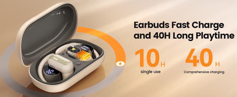 TAGRY A12 IPX 7 Waterproof 5-Min Charge with 3-Hour Playtime Open Ear Earbuds 40HRS Playtime Fast Charging V5.4  headphones bluetooth traveling gadgets for Sport Electronic Audio Chargeable Traveling Gadgets gym headphones  Headset Beige