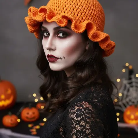 Crochet Bucket Hat for Womens Knitted Hat Foldable Handmade Beanie for Travel Daily Wear Ruffle-Brim Beanie – Halloween Pumpkin Hat for Women
