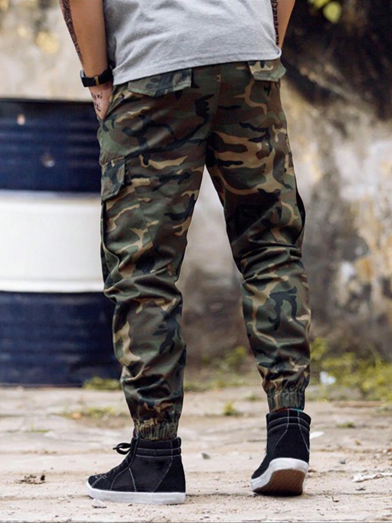 Men's Camo Print Drawstring Waist Cargo Pants, Casual Fashionable Pocket, Streetwear Camouflage Regular Fit Multi-pocket Casual Slant Pocket Jogger Pants for Daily Wear, Men's Trousers for All Seasons