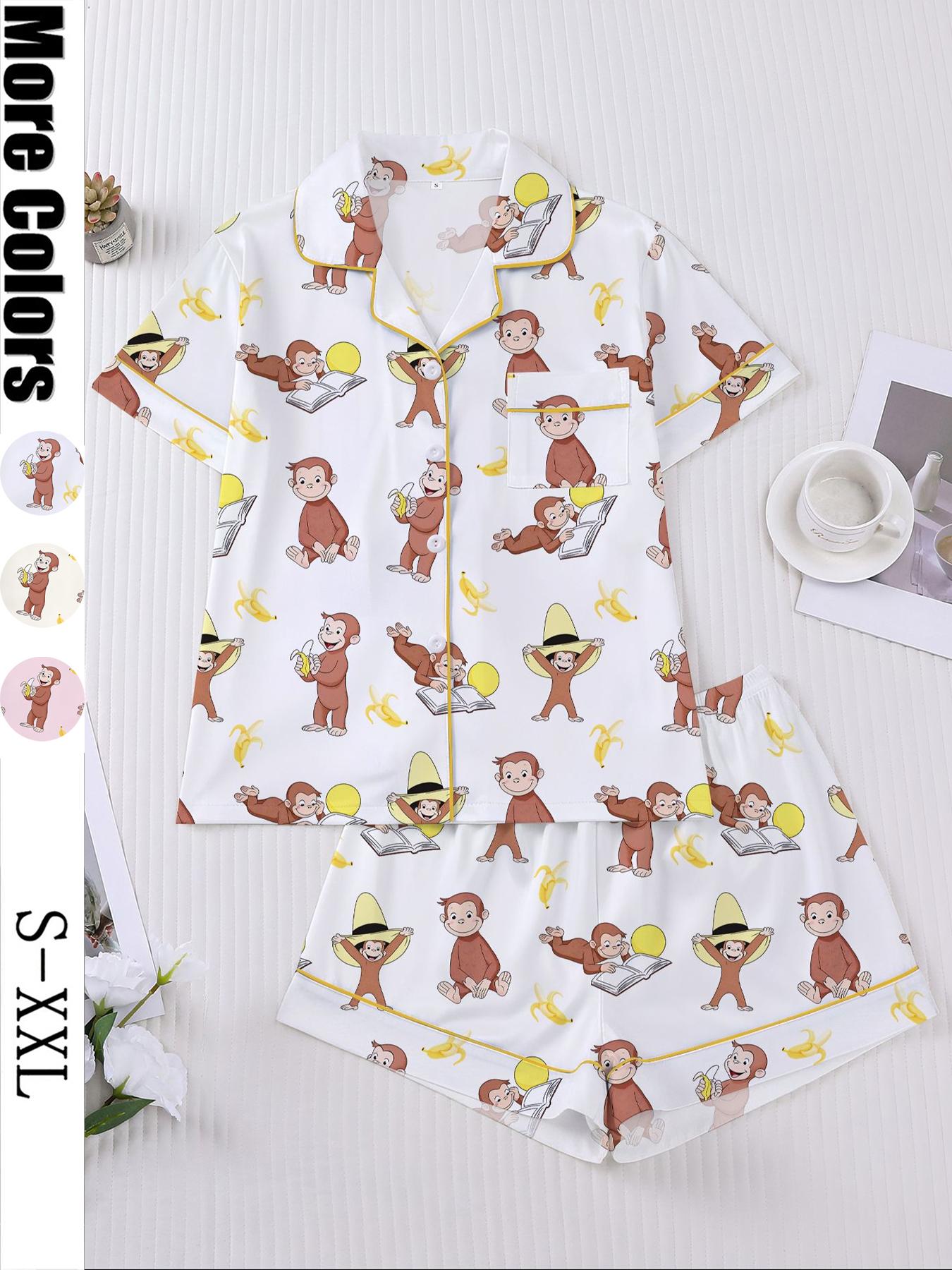 Women's Monkey Banana Print Sleepwear Set, Comfortable Short Sleeve Button Shirt & Loose Elastic Shorts, Fashion Casual Home Wear, Pajama Set