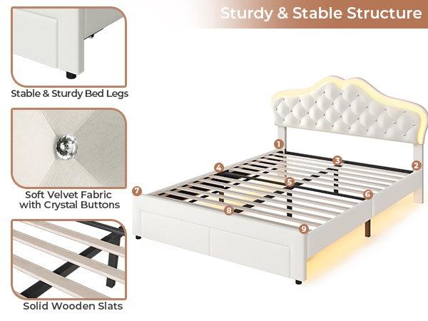 Sikaic Full Size Velvet Princess Platform RGB LED Bed with Storage Drawers and Adjustable Crystal Button Headboard Creamy Furniture Luxury Design Cute